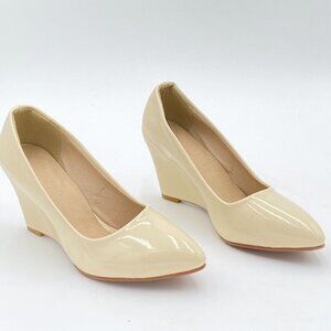 Beige Women Pointed Toe Slip on Pumps Stable Wedge High Heels Party Evening Shoe